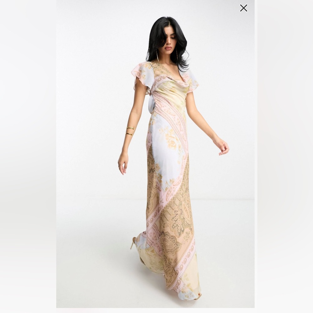 ASOS DESIGN flutter sleeve cowl neck maxi dress in vintage floral print